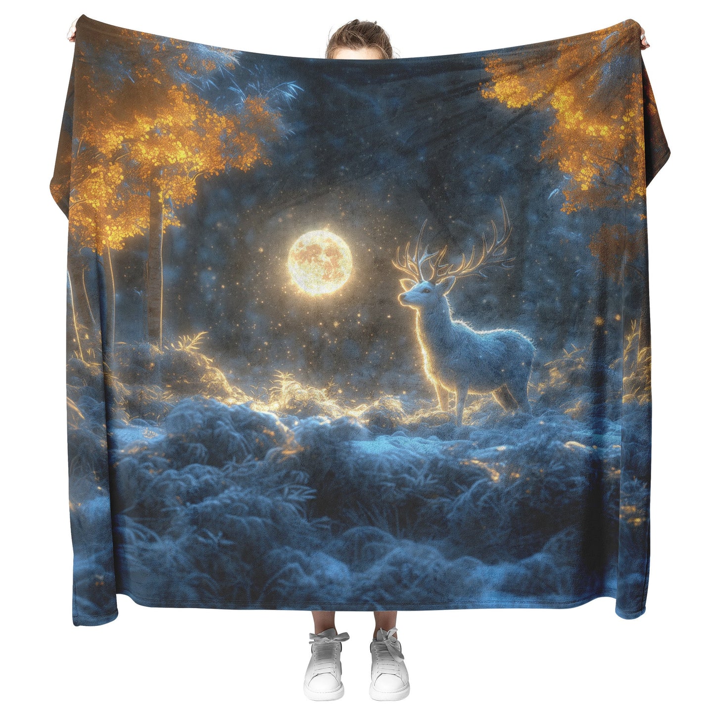 White Deer in Magical Snowy Forest Under Glowing Full Moon with Intricate Antlers and Silver Highlights Fleece Blanket - Awakening Righteousness