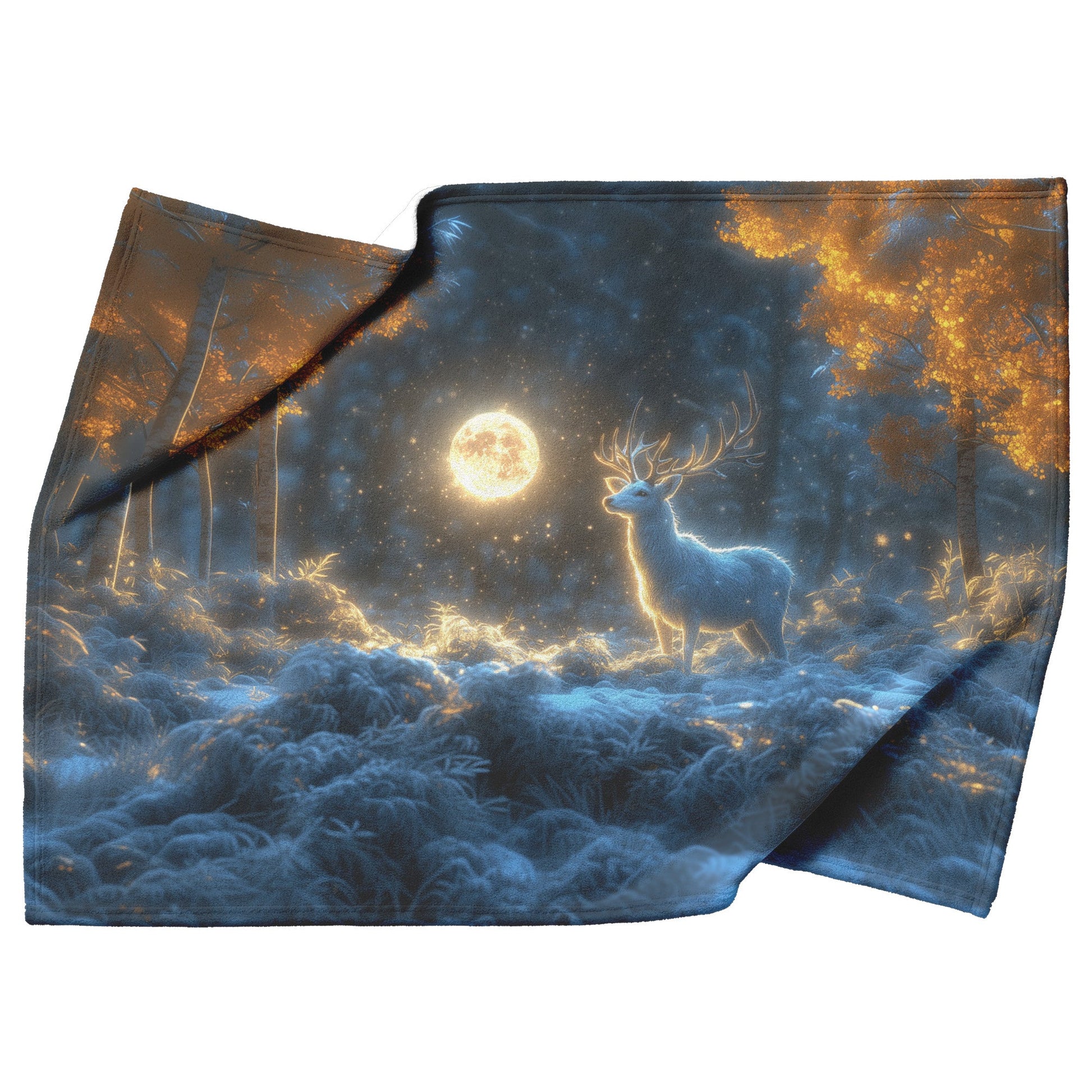 White Deer in Magical Snowy Forest Under Glowing Full Moon with Intricate Antlers and Silver Highlights Fleece Blanket - Awakening Righteousness