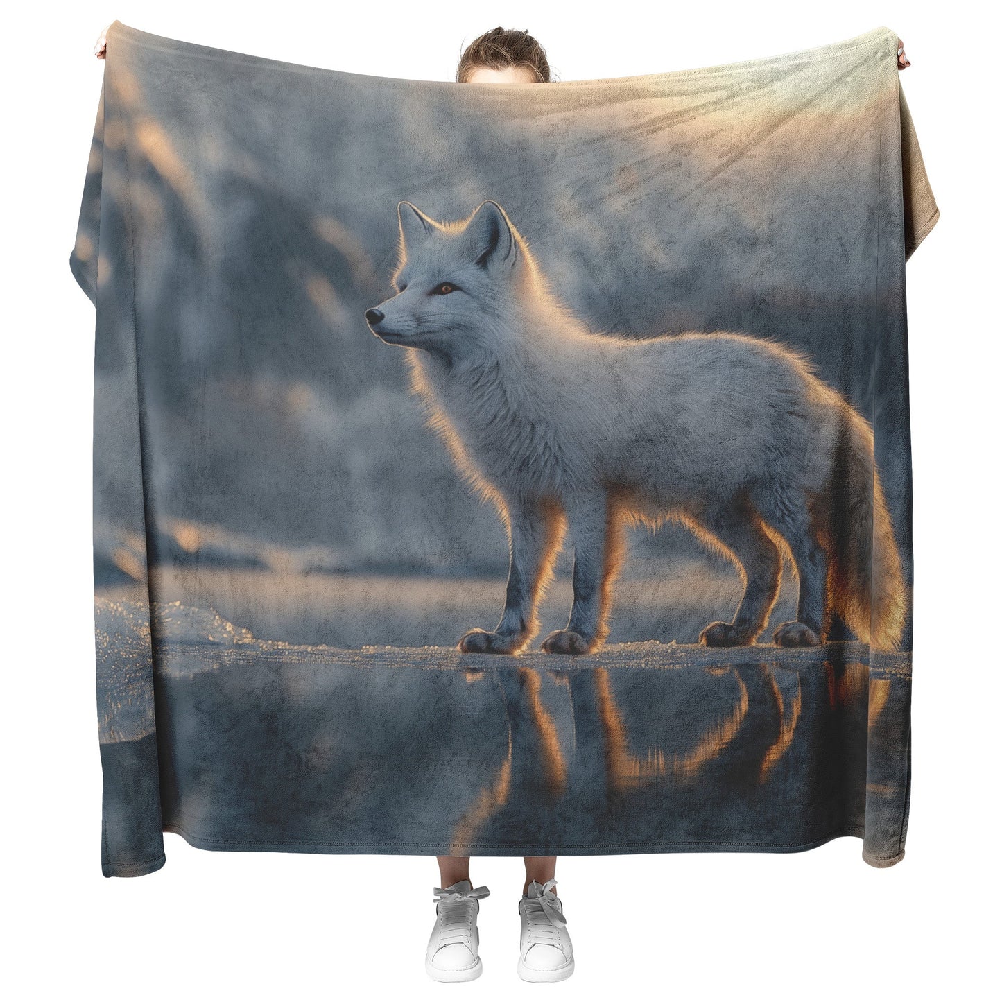 White Fox on Icy Lake Under Twilight Sky with Glowing Reflection in Crystal Clear Water Sherpa Fleece Blanket - Awakening Righteousness