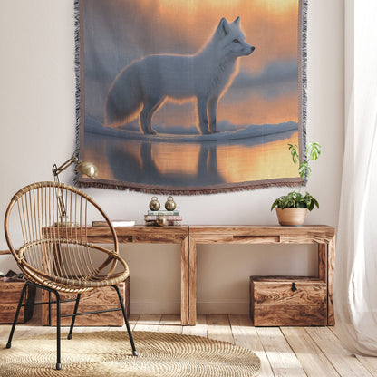White Fox on Icy Lake Under Twilight Sky with Glowing Reflection in Crystal Clear Water Woven Throw Blanket - Awakening Righteousness