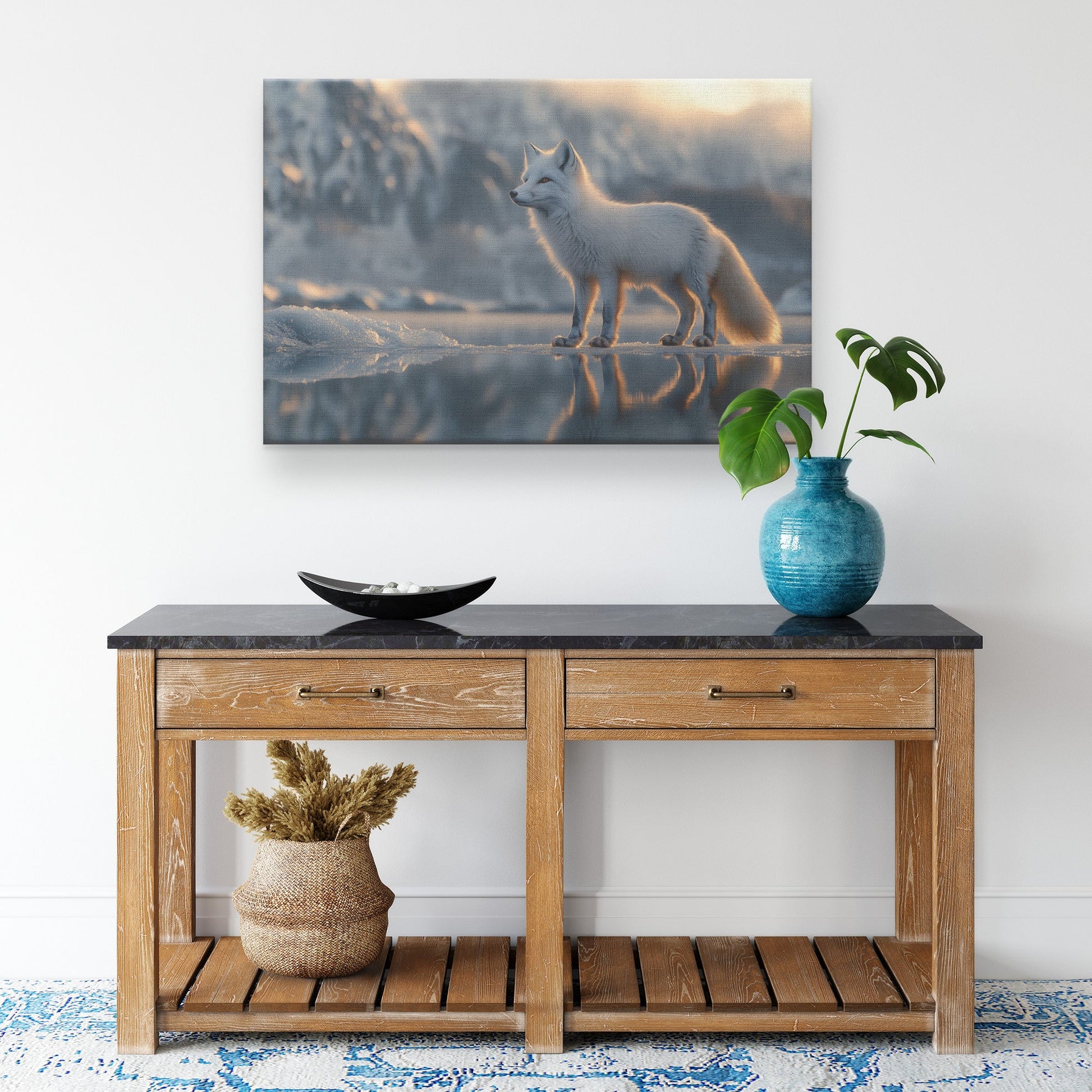 White Fox Standing on Icy Lake Under Twilight Sky Reflecting in Crystal Clear Water Canvas Wall Art Decor - Awakening Righteousness