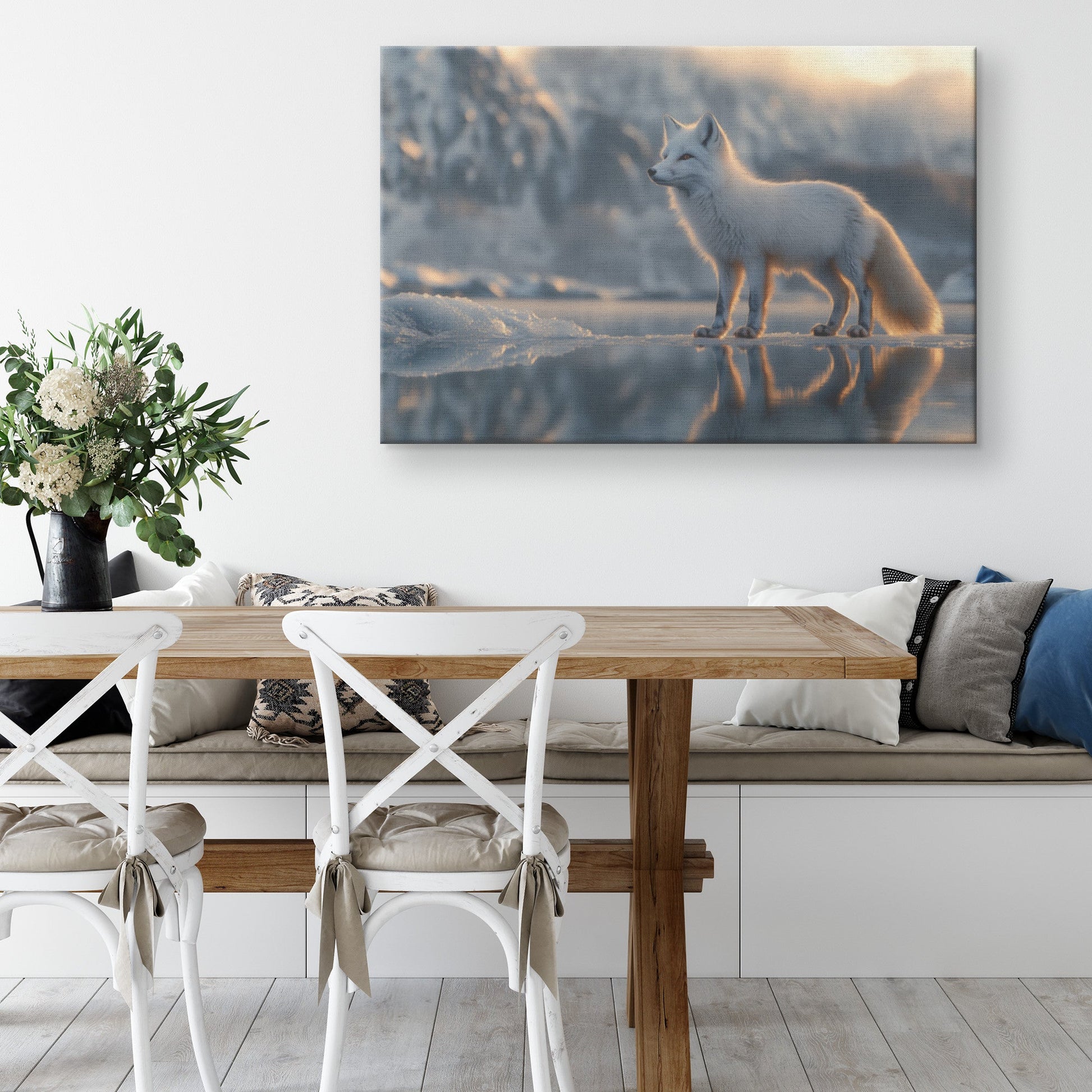 White Fox Standing on Icy Lake Under Twilight Sky Reflecting in Crystal Clear Water Canvas Wall Art Decor - Awakening Righteousness