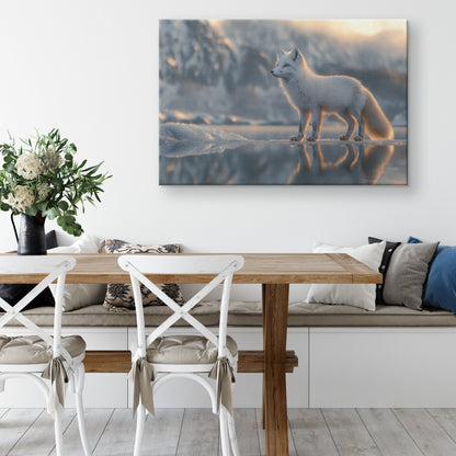 White Fox Standing on Icy Lake Under Twilight Sky Reflecting in Crystal Clear Water Canvas Wall Art Decor - Awakening Righteousness