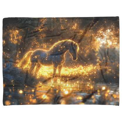 White Horse Standing in Glowing Forest Bathed in Ethereal Moonlight with Luminous Highlights Fleece Sherpa Blanket - Awakening Righteousness