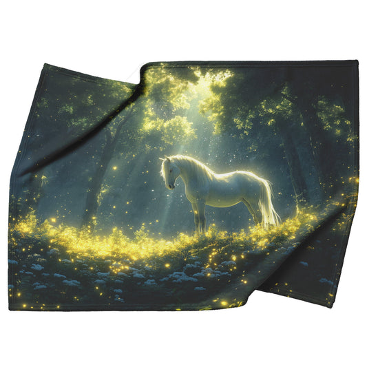 White Horse Standing in Glowing Forest Bathed in Ethereal Moonlight with Luminous Highlights Fleece Sherpa Blanket - Awakening Righteousness