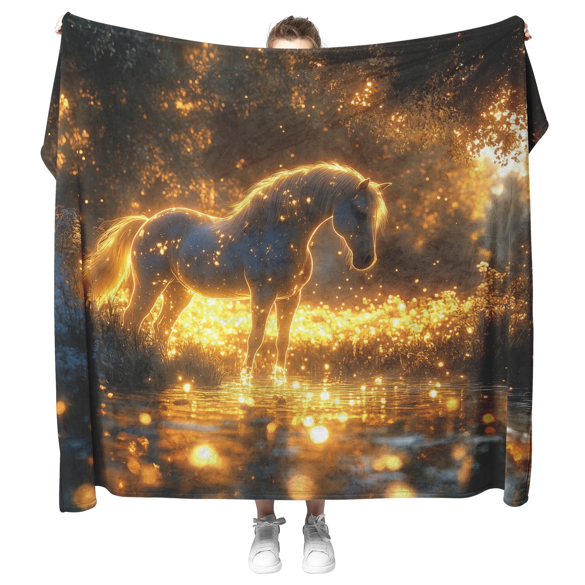 White Horse Standing in Glowing Forest Bathed in Ethereal Moonlight with Luminous Highlights Fleece Sherpa Blanket - Awakening Righteousness