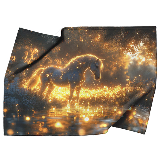 White Horse Standing in Glowing Forest Bathed in Ethereal Moonlight with Luminous Highlights Fleece Sherpa Blanket - Awakening Righteousness