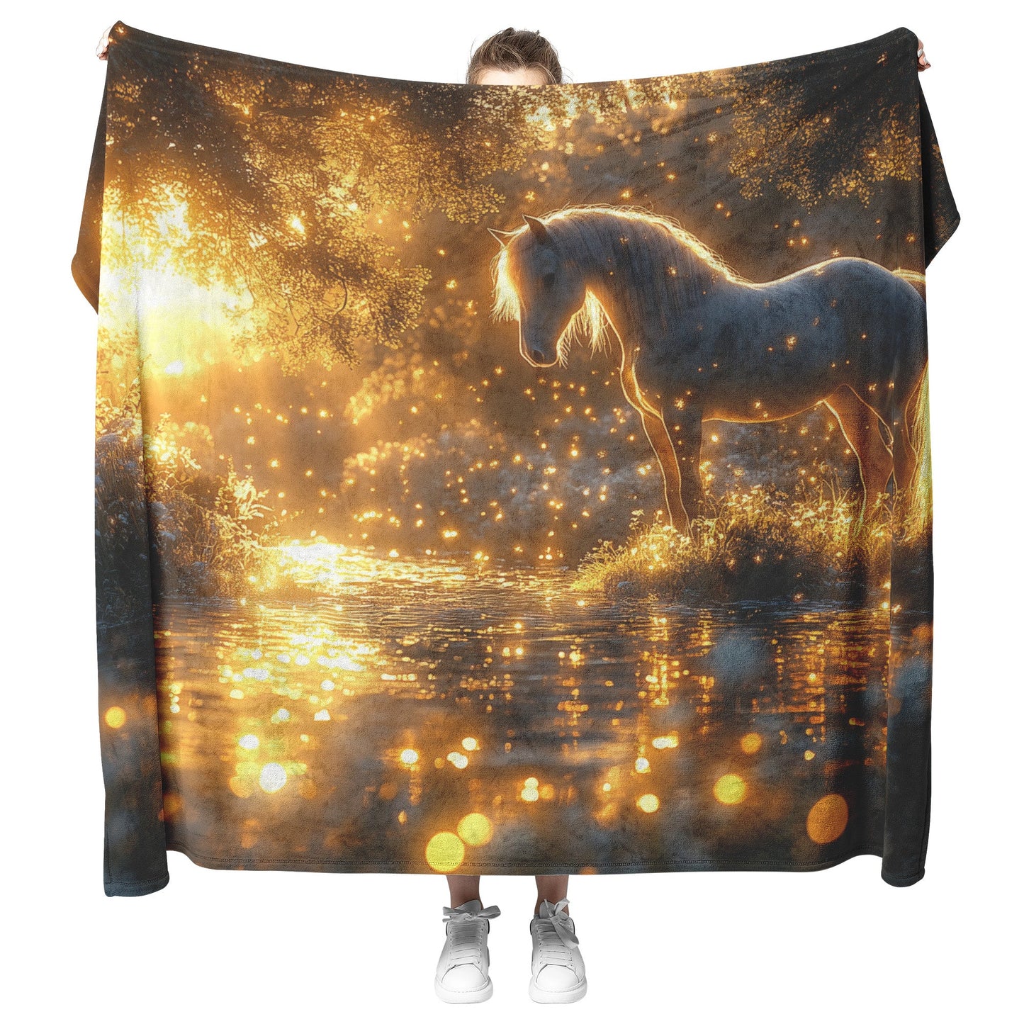 White Horse Standing in Glowing Forest Bathed in Ethereal Moonlight with Luminous Highlights Fleece Sherpa Blanket - Awakening Righteousness