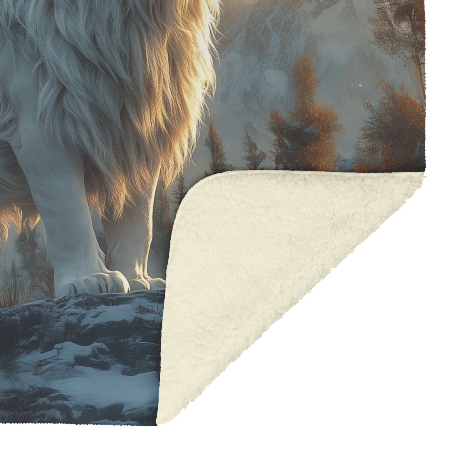 White Lion in Magical Snowy Forest Under Twilight Skies with Shimmering Silver Fur Fleece Sherpa Blanket - Awakening Righteousness