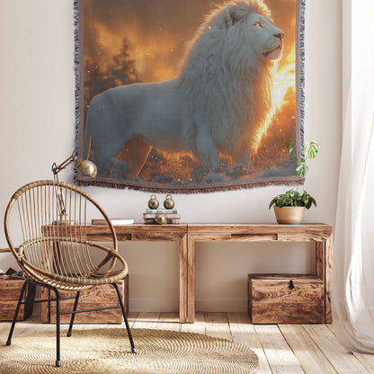 White Lion in Magical Snowy Forest with Shimmering Fur Under Glowing Twilight Skies Woven Throw Blanket - Awakening Righteousness