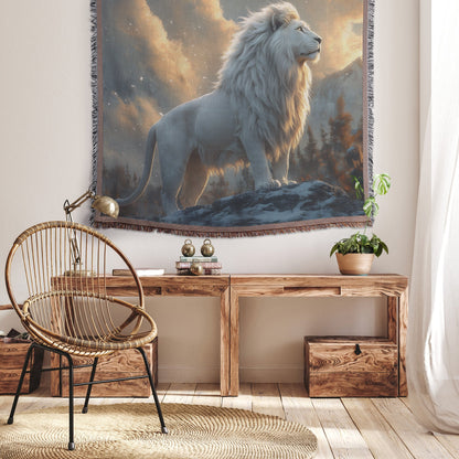 White Lion in Magical Snowy Forest with Shimmering Fur Under Glowing Twilight Skies Woven Throw Blanket - Awakening Righteousness