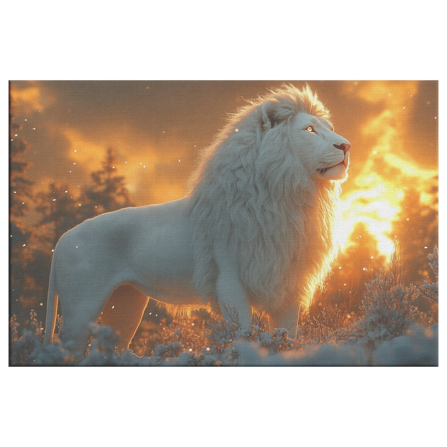 White Lion Standing in Magical Snowy Forest Under Glowing Twilight Skies with Shimmering Fur Canvas Wall Art - Awakening Righteousness