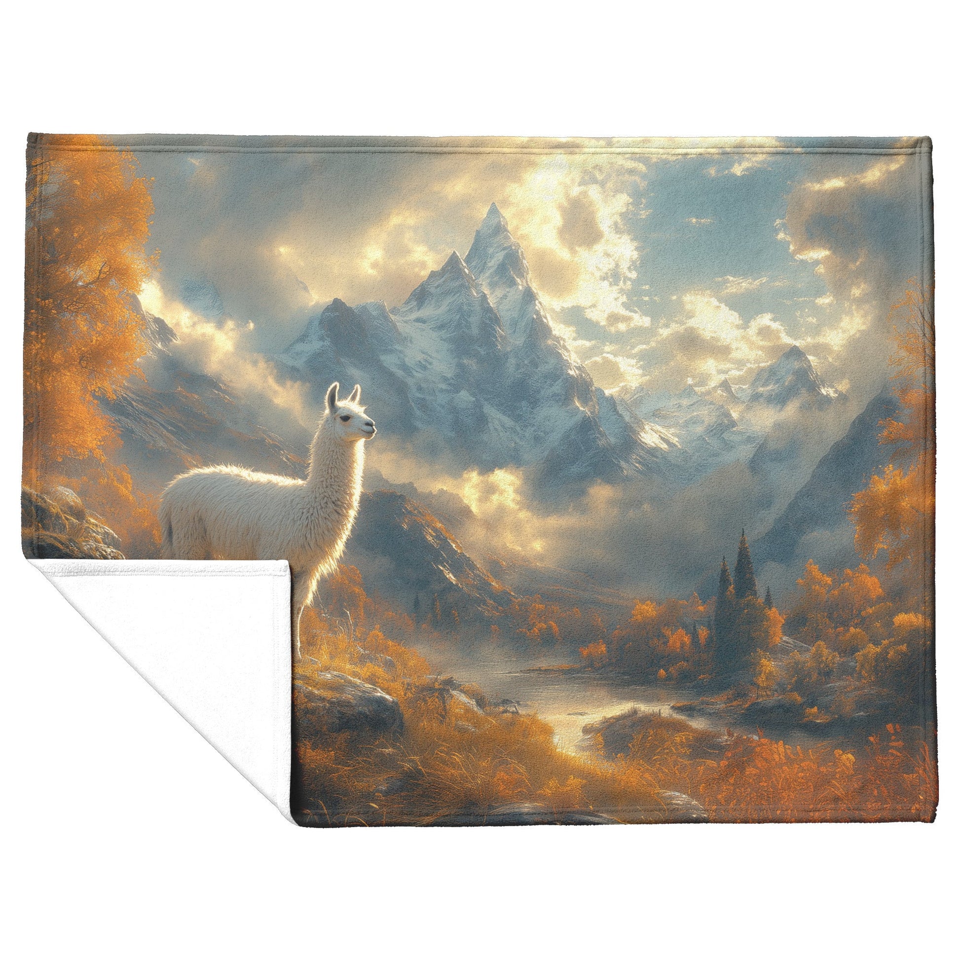 White Llama Standing Majestically in Misty Valley Snow Capped Peaks Soft Golden Light Peaceful Fleece Sherpa Blanket - Awakening Righteousness