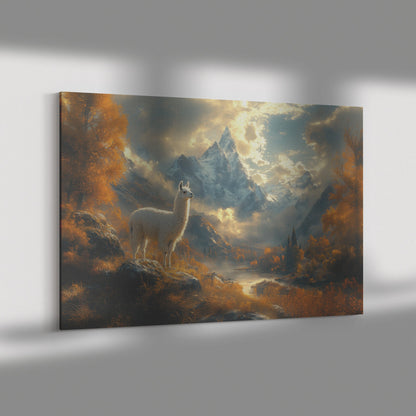 White Llama Standing Majestically in Misty Valley Surrounded by Snow Capped Peaks and Soft Golden Light Canvas Wall Art - Awakening Righteousness