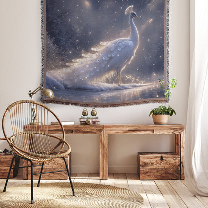 White Peacock in Snowy Landscape with Glowing Silver Feathers Under Moonlight Ethereal Woven Throw Blanket - Awakening Righteousness