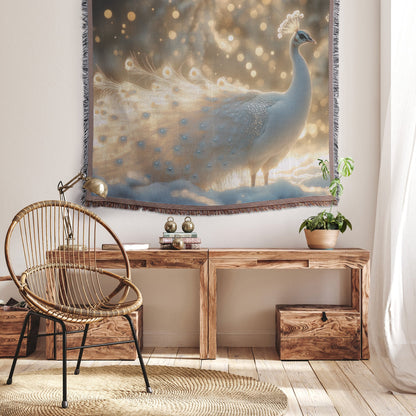 White Peacock in Snowy Landscape with Glowing Silver Feathers Under Moonlight Ethereal Woven Throw Blanket - Awakening Righteousness