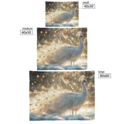 White Peacock in Snowy Landscape with Glowing Silver Feathers Under Soft Moonlight Fleece Sherpa Blanket - Awakening Righteousness