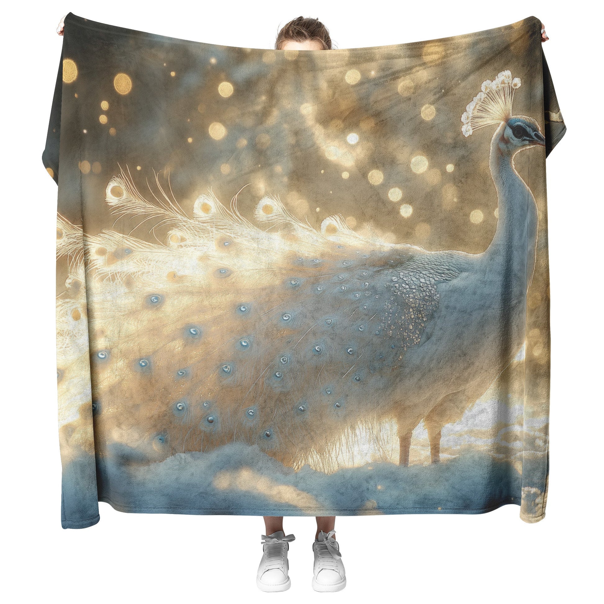 White Peacock in Snowy Landscape with Glowing Silver Feathers Under Soft Moonlight Fleece Sherpa Blanket - Awakening Righteousness