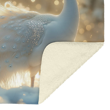 White Peacock in Snowy Landscape with Glowing Silver Feathers Under Soft Moonlight Fleece Sherpa Blanket - Awakening Righteousness