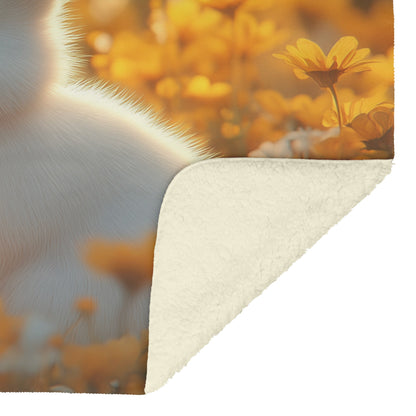 White Rabbit in Glowing Meadow with Golden Wildflowers and Soft Sunset Fleece Sherpa Blanket Illuminated by Warm Light - Awakening Righteousness