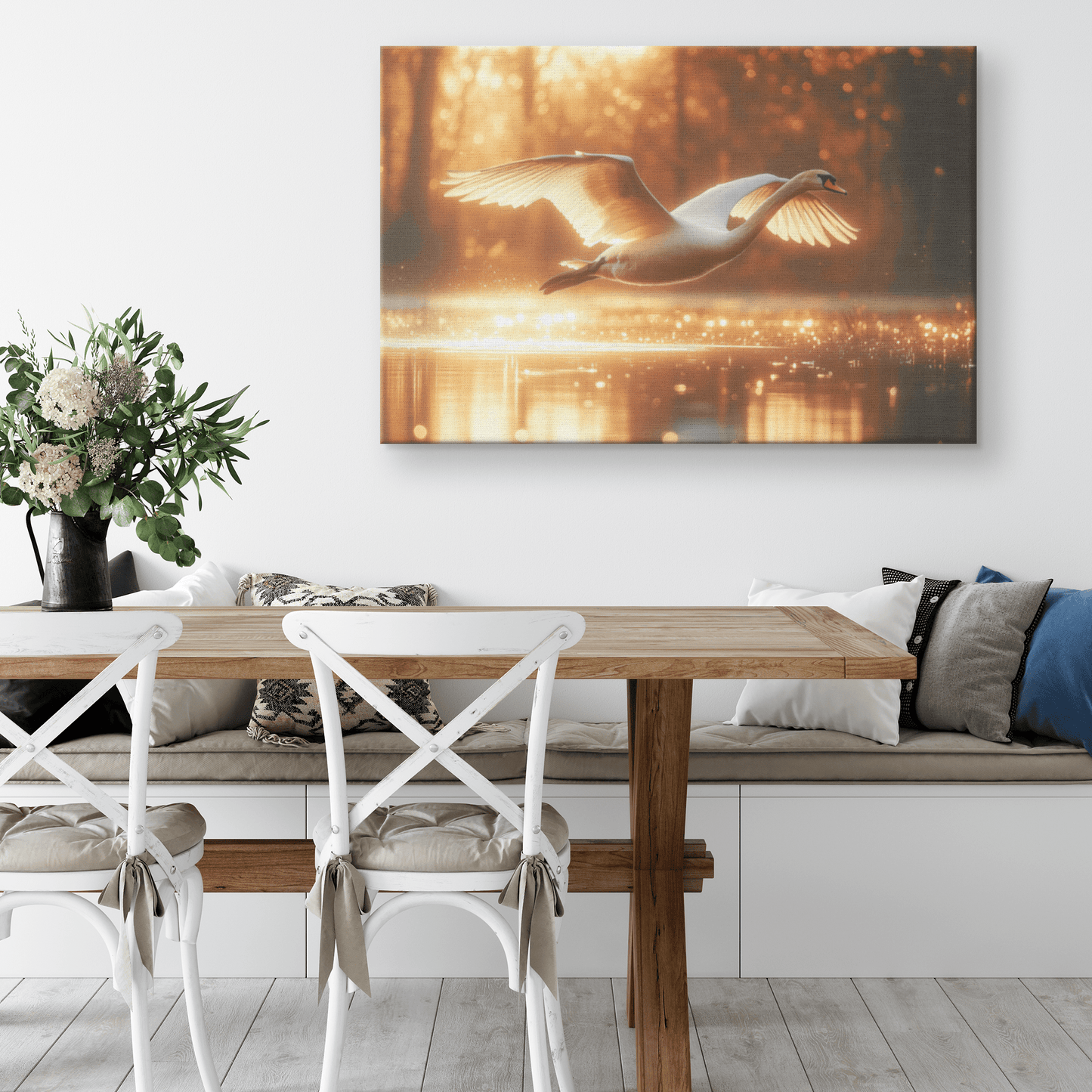 White Swan Flying Gracefully Over Glowing Forest Pond With Golden Sunlight Illuminating Its Wings Canvas Wall Art Decor - Awakening Righteousness