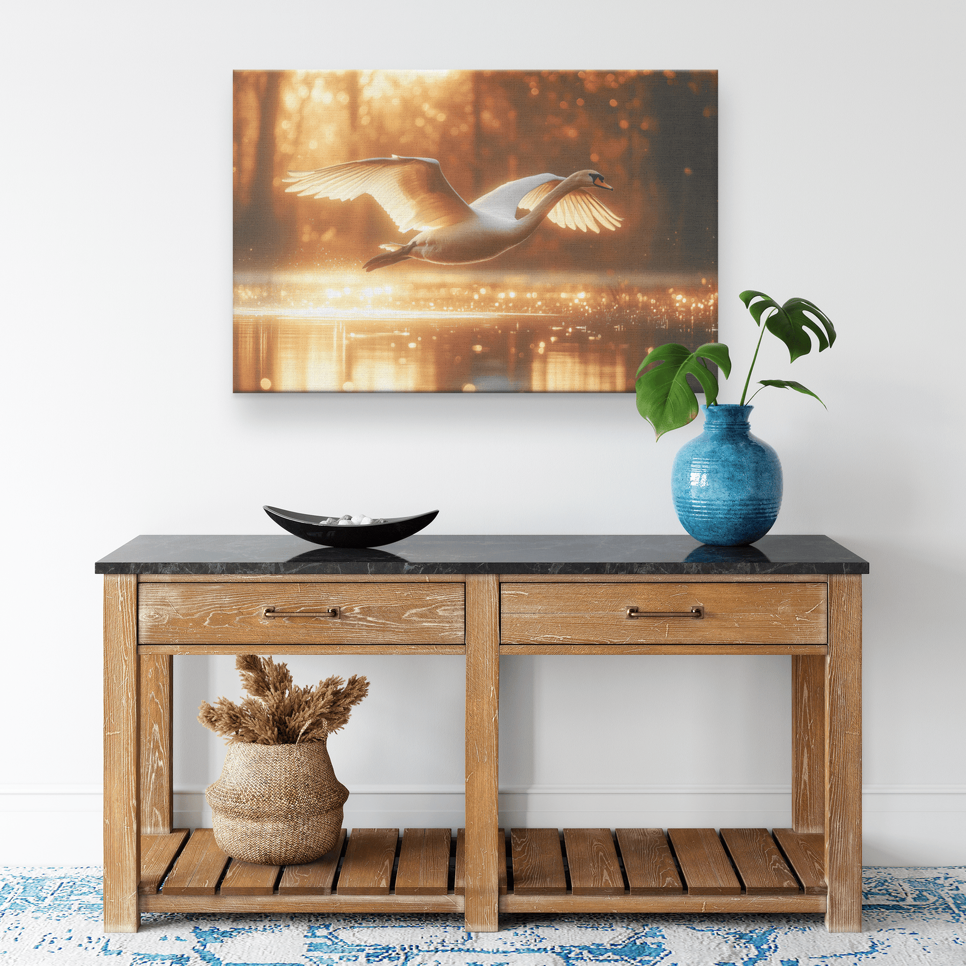 White Swan Flying Gracefully Over Glowing Forest Pond With Golden Sunlight Illuminating Its Wings Canvas Wall Art Decor - Awakening Righteousness