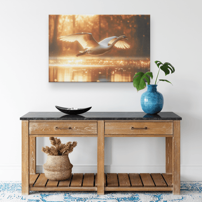 White Swan Flying Gracefully Over Glowing Forest Pond With Golden Sunlight Illuminating Its Wings Canvas Wall Art Decor - Awakening Righteousness