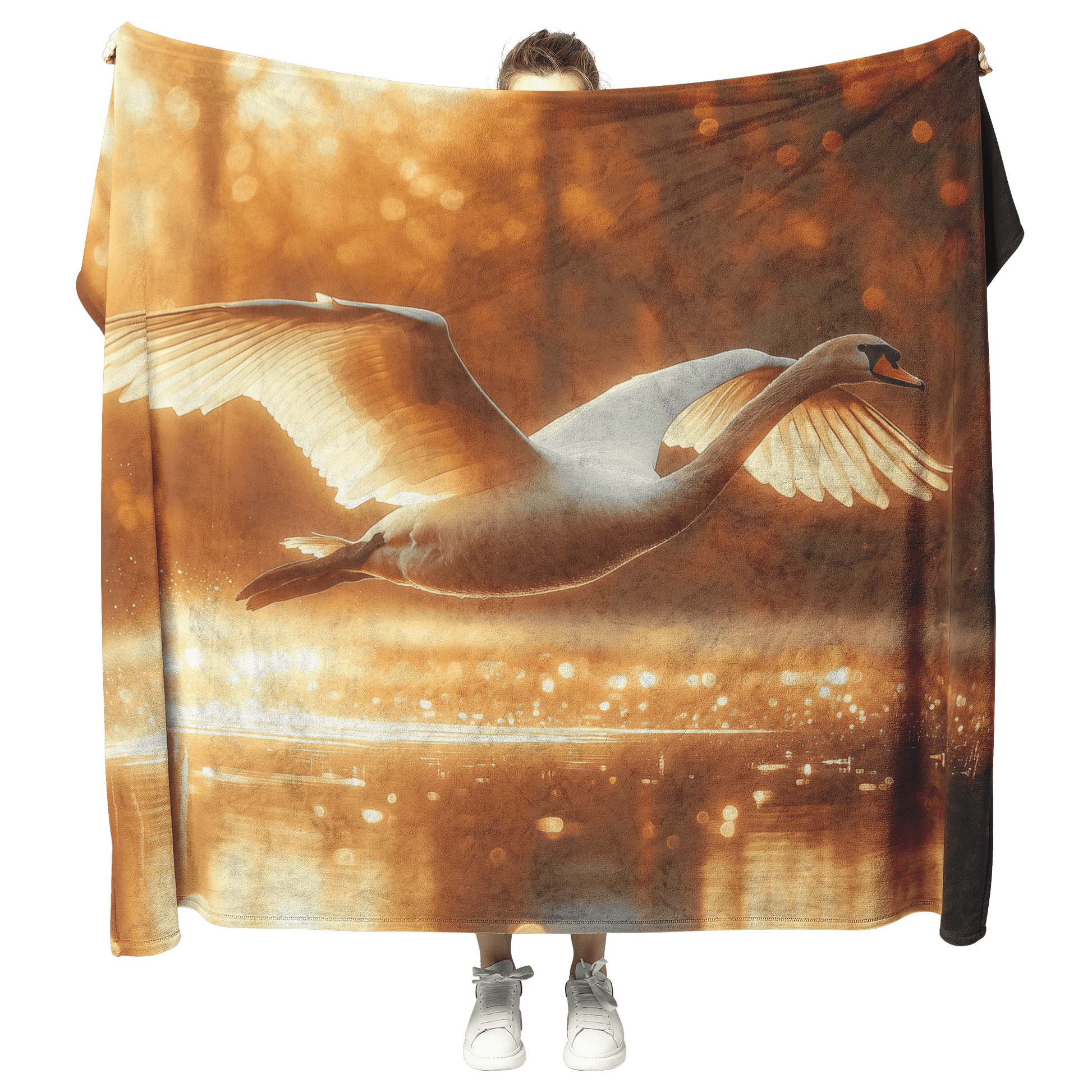 White Swan Flying Gracefully Over Glowing Forest Pond With Golden Sunlight Illuminating Its Wings Fleece Sherpa Blanket - Awakening Righteousness