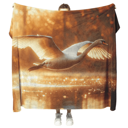 White Swan Flying Gracefully Over Glowing Forest Pond With Golden Sunlight Illuminating Its Wings Fleece Sherpa Blanket - Awakening Righteousness