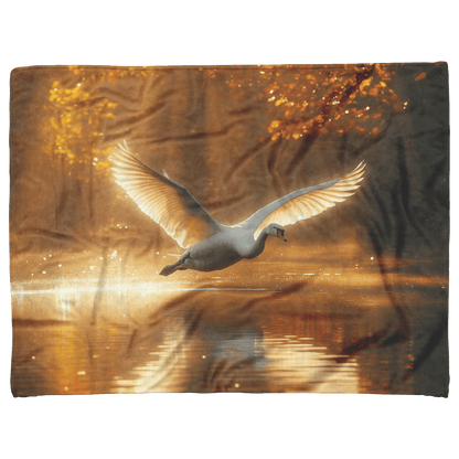 White Swan Flying Gracefully Over Glowing Forest Pond With Golden Sunlight Illuminating Its Wings Fleece Sherpa Blanket - Awakening Righteousness