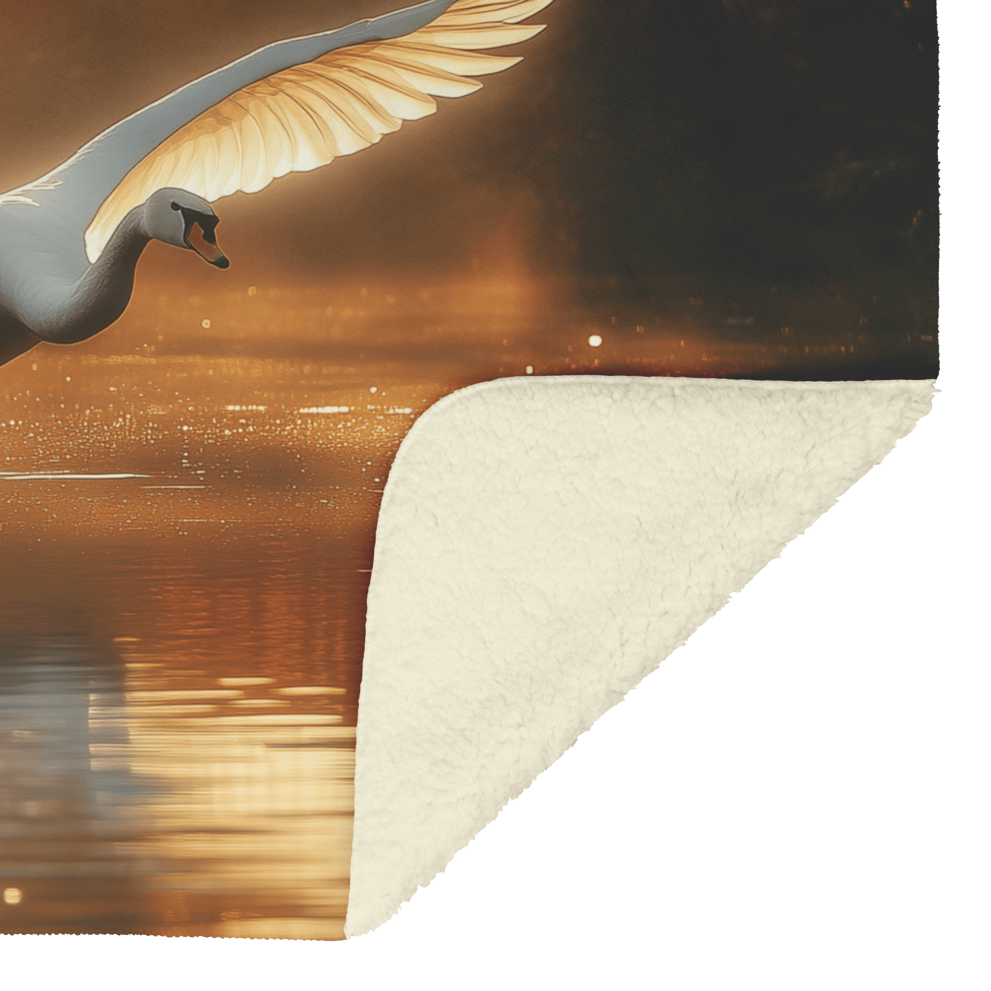 White Swan Flying Gracefully Over Glowing Forest Pond With Golden Sunlight Illuminating Its Wings Fleece Sherpa Blanket - Awakening Righteousness