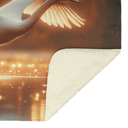 White Swan Flying Gracefully Over Glowing Forest Pond With Golden Sunlight Illuminating Its Wings Fleece Sherpa Blanket - Awakening Righteousness