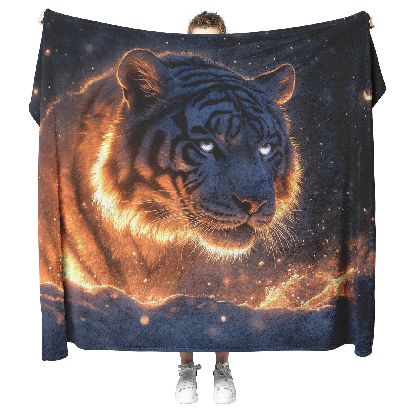 White Tiger in Glowing Snowy Forest Sherpa Fleece Blanket Soft Moonlight Silver Highlights Ethereal Serene Scene - Awakening Righteousness