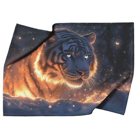 White Tiger in Glowing Snowy Forest Sherpa Fleece Blanket Soft Moonlight Silver Highlights Ethereal Serene Scene - Awakening Righteousness