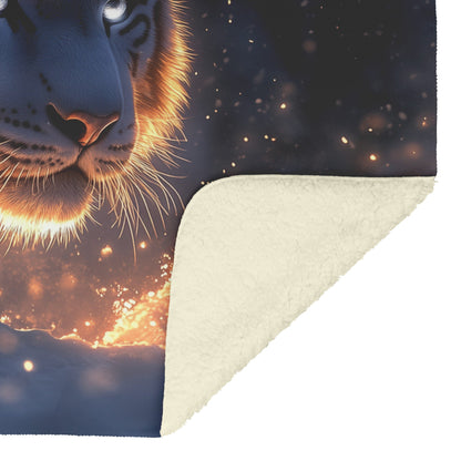 White Tiger in Glowing Snowy Forest Sherpa Fleece Blanket Soft Moonlight Silver Highlights Ethereal Serene Scene - Awakening Righteousness