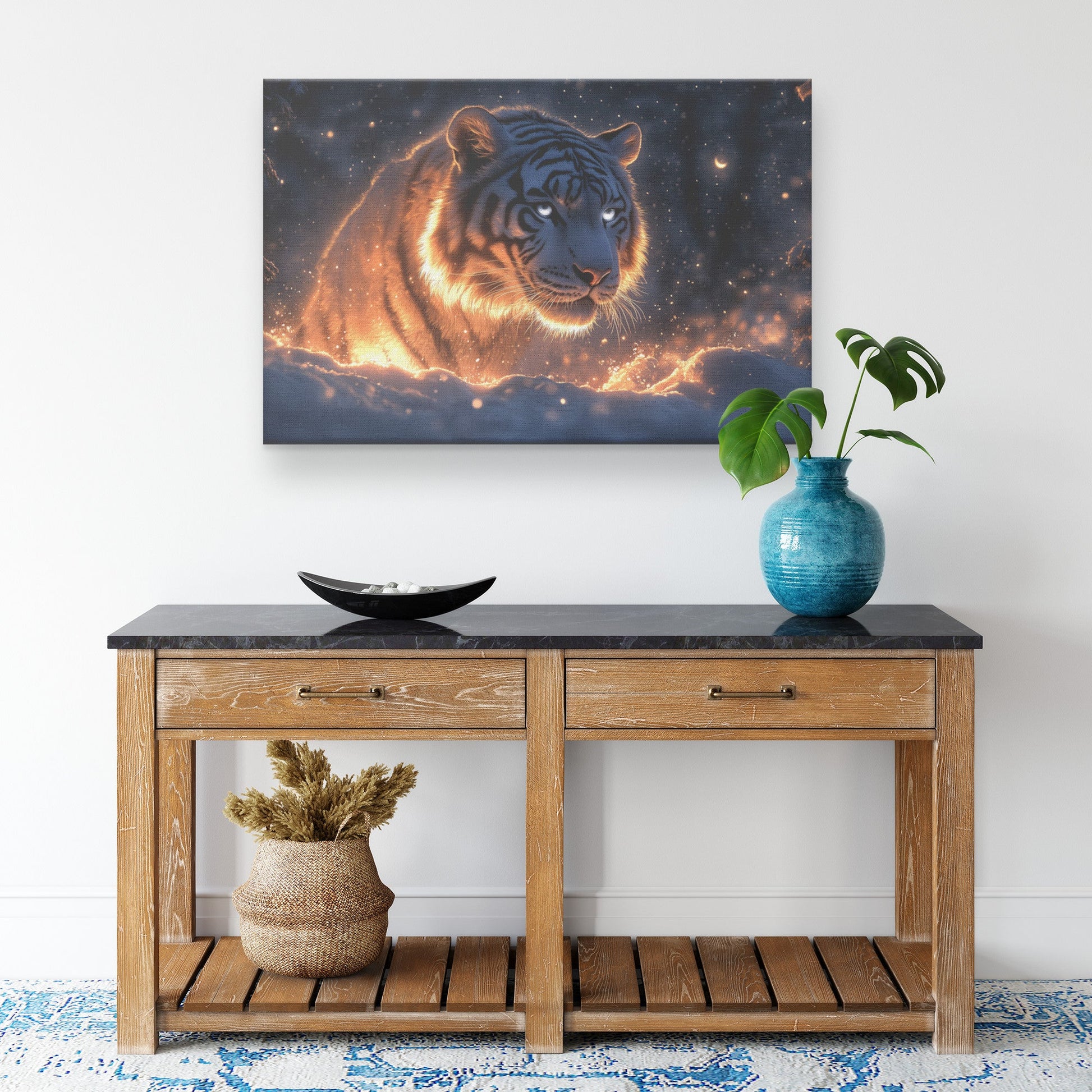 White Tiger in Glowing Snowy Forest Under Moonlight with Shimmering Silver Highlights Ethereal Canvas Wall Art - Awakening Righteousness