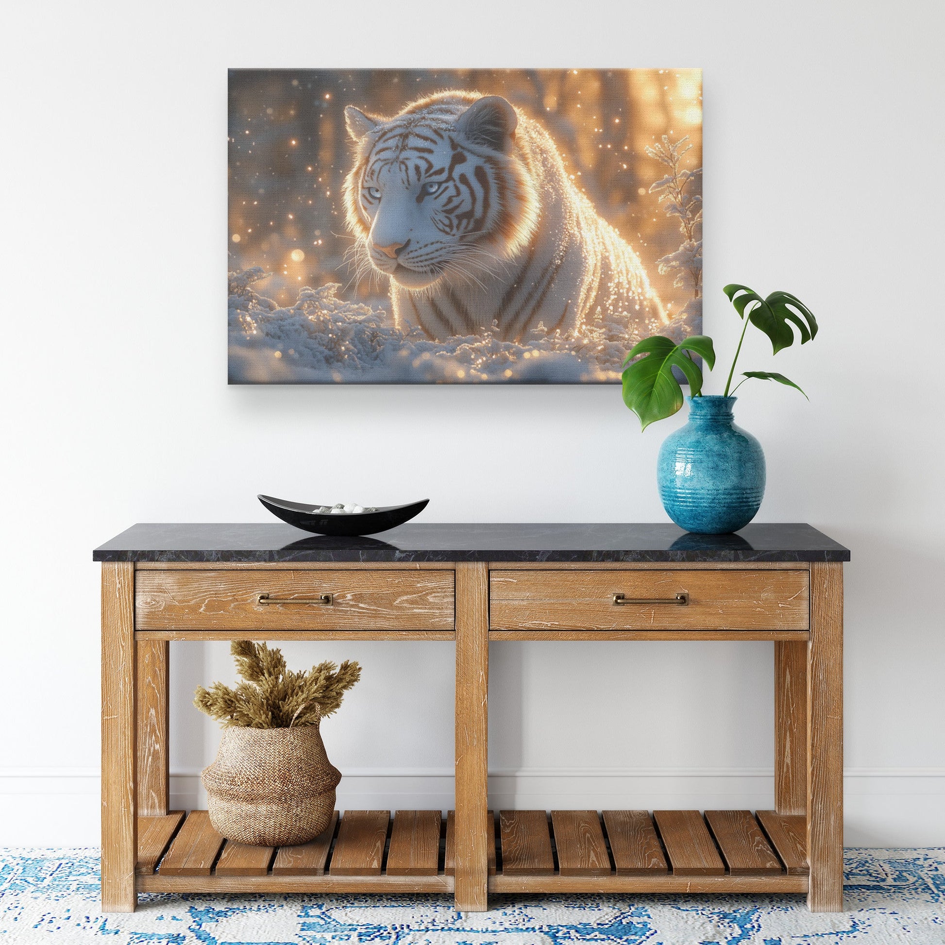 White Tiger in Glowing Snowy Forest Under Moonlight with Shimmering Silver Highlights Ethereal Canvas Wall Art - Awakening Righteousness