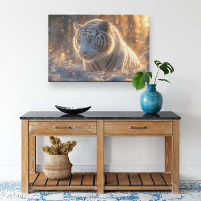 White Tiger in Glowing Snowy Forest Under Moonlight with Shimmering Silver Highlights Ethereal Canvas Wall Art - Awakening Righteousness