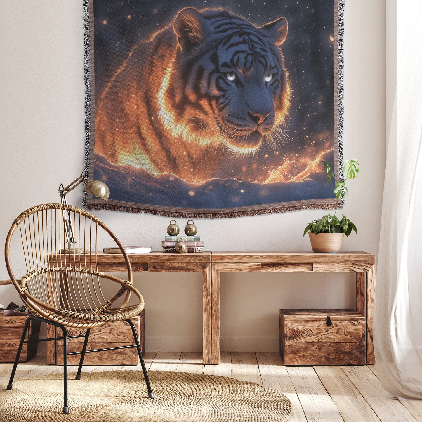 White Tiger in Glowing Snowy Forest with Silver Highlights Under Soft Moonlight Woven Throw Blanket - Awakening Righteousness