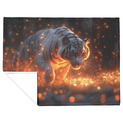White Tiger Leaping Through Glowing Forest Sherpa Fleece Blanket Ethereal Moonlight Soft Motion Magical Wildlife Scene - Awakening Righteousness