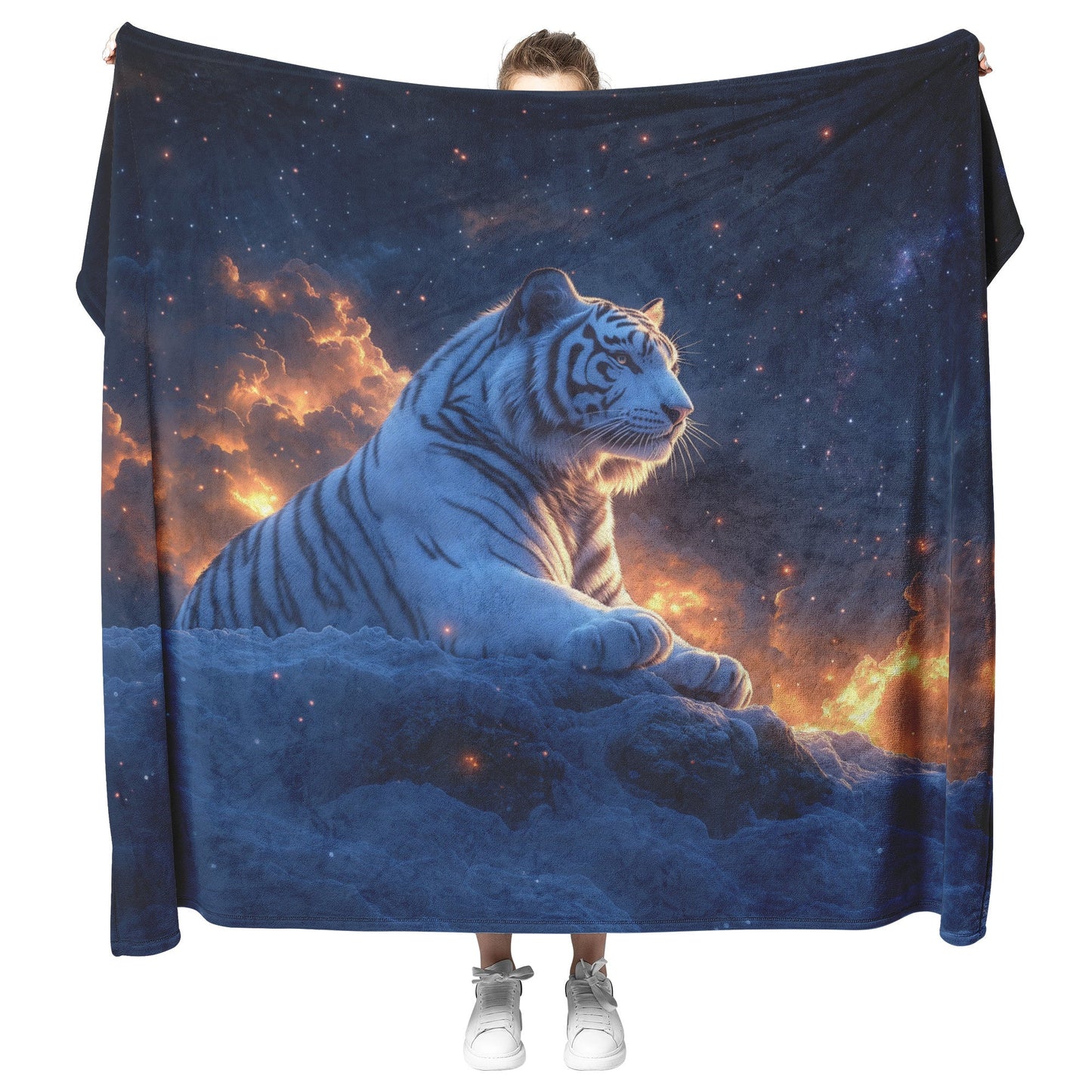 White Tiger on Snowy Cliff Sherpa Fleece Blanket Twilight Sky Stars Glowing Light Majestic Wildlife Scene - Awakening Righteousness