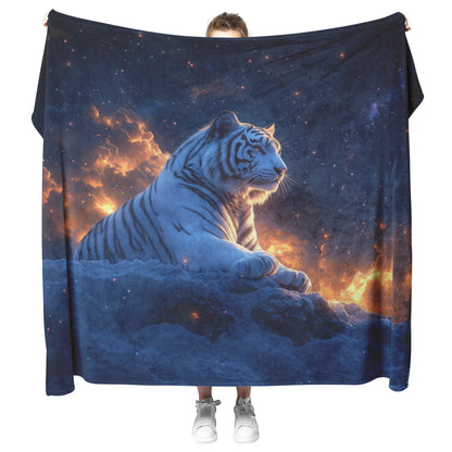 White Tiger on Snowy Cliff Sherpa Fleece Blanket Twilight Sky Stars Glowing Light Majestic Wildlife Scene - Awakening Righteousness
