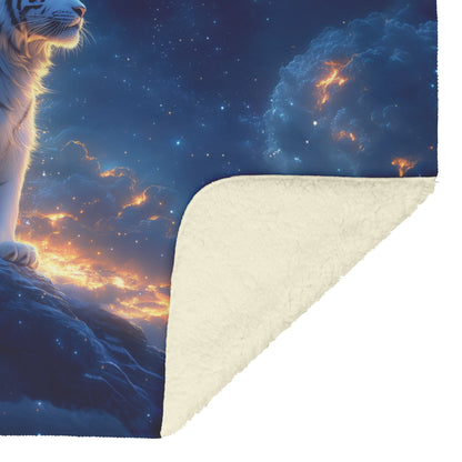 White Tiger on Snowy Cliff Sherpa Fleece Blanket Twilight Sky Stars Glowing Light Majestic Wildlife Scene - Awakening Righteousness