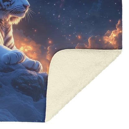 White Tiger on Snowy Cliff Sherpa Fleece Blanket Twilight Sky Stars Glowing Light Majestic Wildlife Scene - Awakening Righteousness
