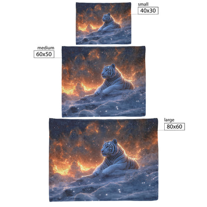 White Tiger on Snowy Cliff Sherpa Fleece Blanket Twilight Sky Stars Glowing Light Majestic Wildlife Scene - Awakening Righteousness