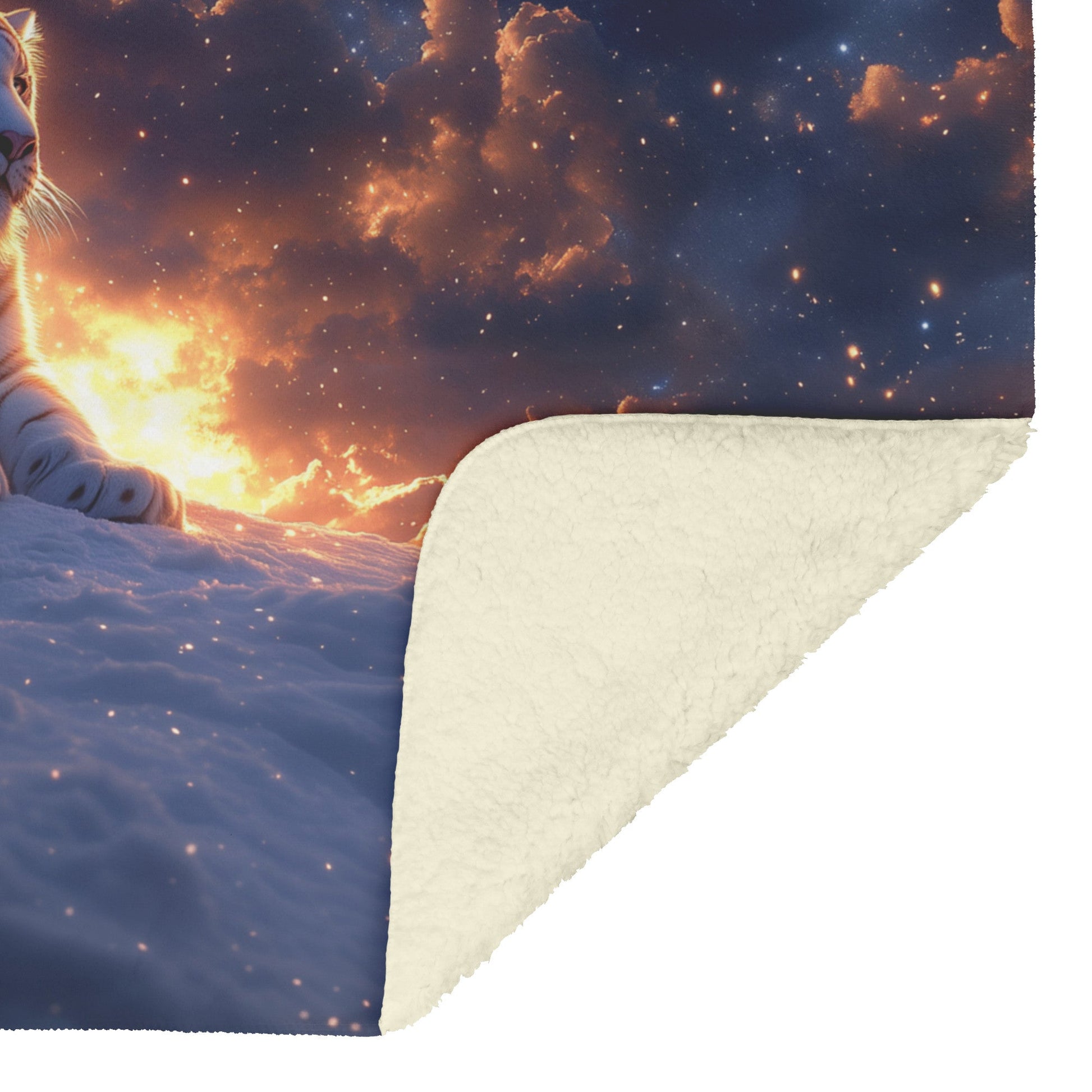 White Tiger on Snowy Cliff Sherpa Fleece Blanket Twilight Sky Stars Glowing Light Majestic Wildlife Scene - Awakening Righteousness