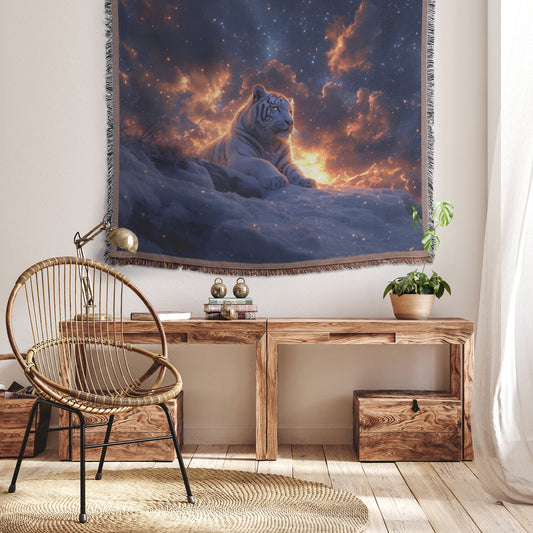 White Tiger on Snowy Cliff Under Twilight Sky with Stars and Glowing Light Woven Throw Blanket - Awakening Righteousness