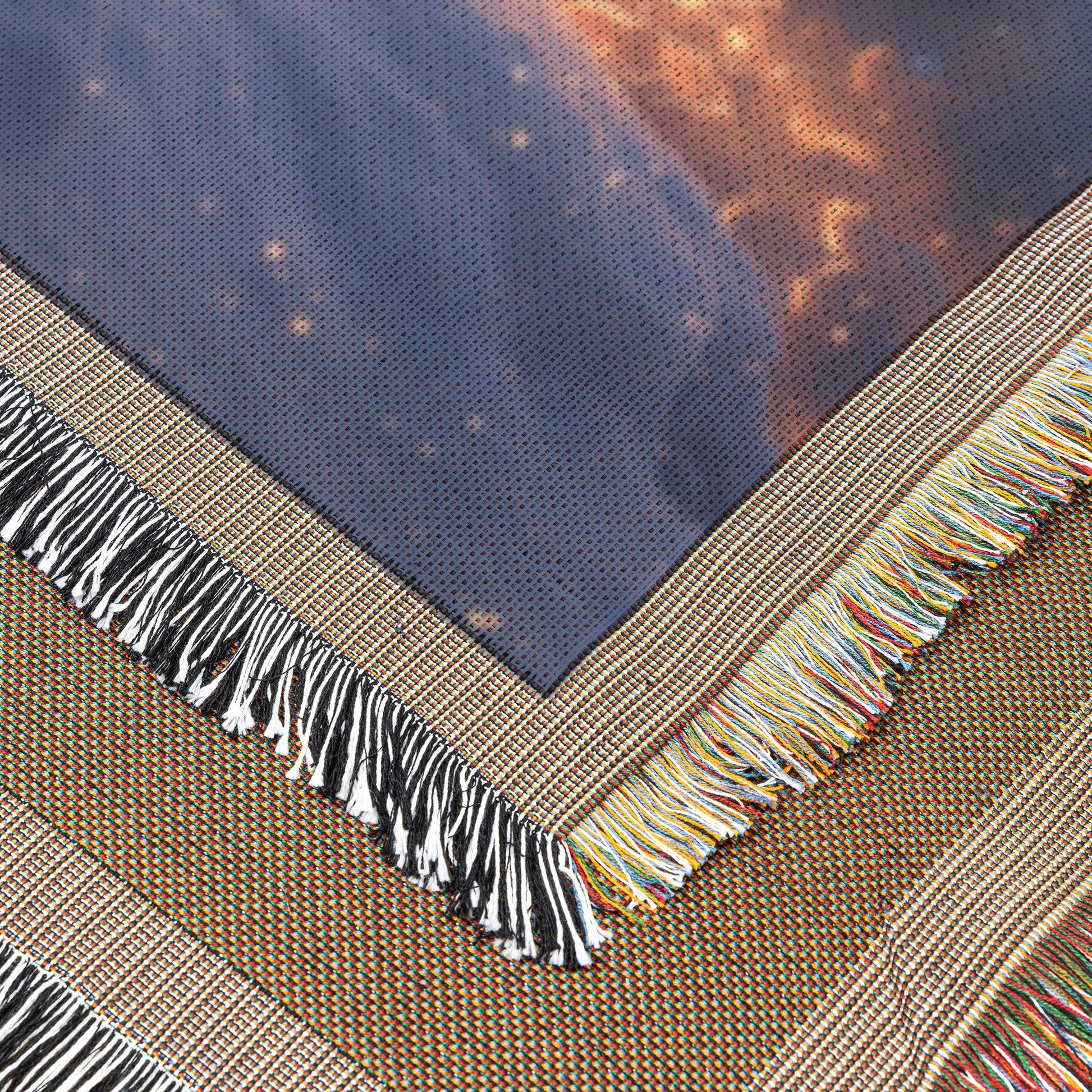 White Tiger on Snowy Cliff Under Twilight Sky with Stars and Glowing Light Woven Throw Blanket - Awakening Righteousness