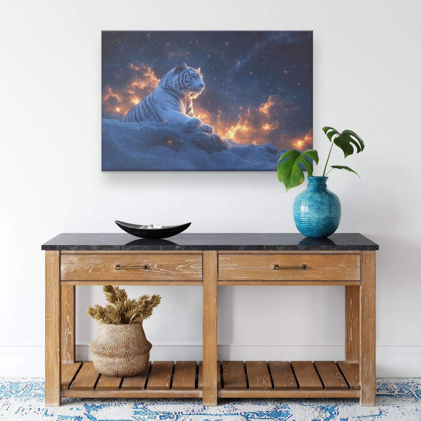 White Tiger Sitting Majestically on Snowy Cliff Under Twilight Sky with Stars and Glowing Light Canvas Wall Art Decor - Awakening Righteousness
