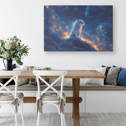 White Tiger Sitting Majestically on Snowy Cliff Under Twilight Sky with Stars and Glowing Light Canvas Wall Art Decor - Awakening Righteousness